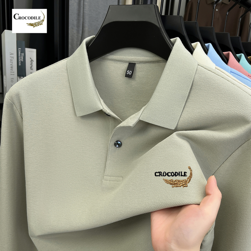 【100% Cotton】Crocodile Shirt Men's Polo Shirt Long Sleeve 2026 Autumn Casual Turn-Down Collar T-Shirt Top for Dad