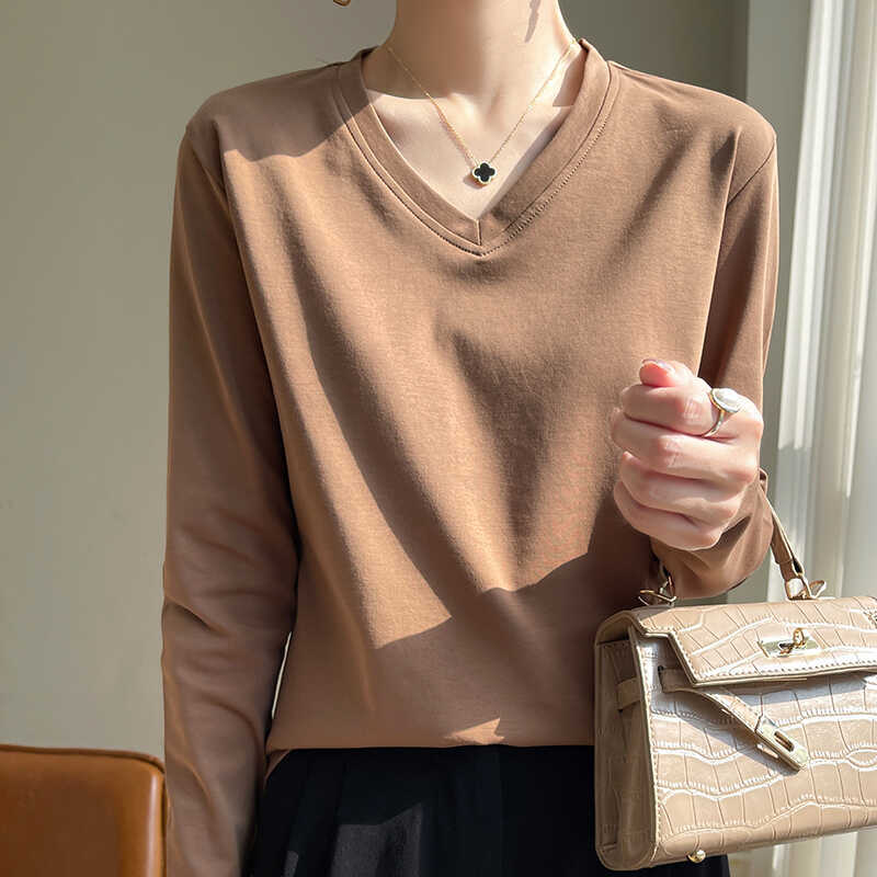 Spring, Summer and Autumn New White Base Shirt for Women, V-Neck, 100% Cotton, Long-Sleeved T-Shirt, Loose Fit, Plus Size, Pure Cotton Top, Sweatshirt