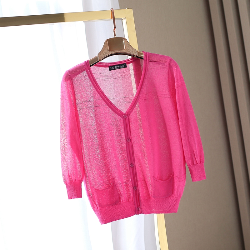 Mùa hè mới phần mỏng cotton và lanh áo len ngắn lỏng áo len nữ điều hòa áo sơ mi chống nắng áo sơ mi thoáng khí bên ngoài rỗng áo len đỏ