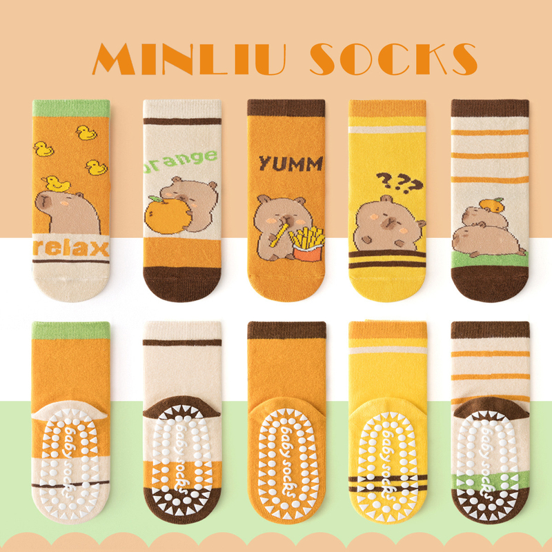 Spring and Autumn Mid-Tube Kapibara Anti-Slip Floor Socks Boys' Socks Dotted Children's Baby Cotton Trampoline Cartoon Cute