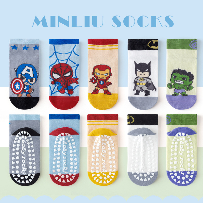 Spring and Summer Boys' Spider-Man Non-Slip Floor Socks Mesh Dotted Iron Man Batman Short Socks Green Captain America