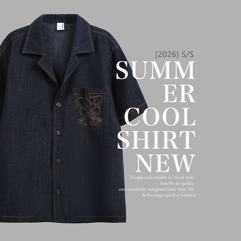 Summer Relaxed Fit Cuban Collar Denim Original Color Contrast Totem Embroidery Short-Sleeved Shirt