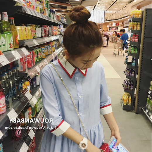 VK旗艦店 韓國學院風襯衫條紋素色顯瘦長袖洋裝