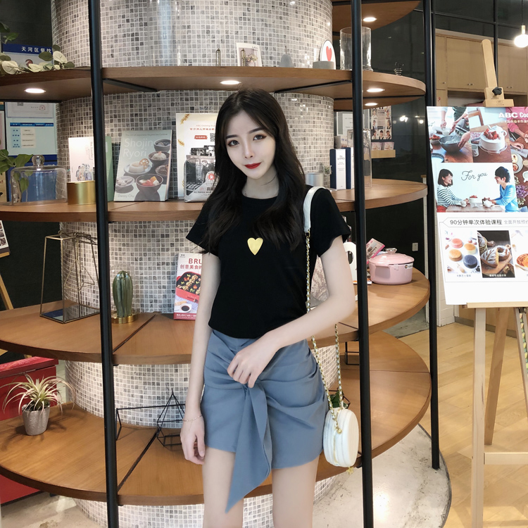 VK旗艦店 韓系時尚復古愛心印花不規則裙套裝短袖裙裝