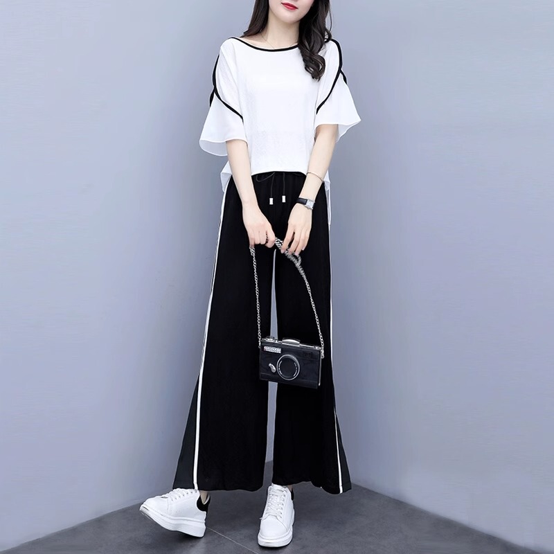 Plus-Size Casual Sports Suit for Women, Summer 2026 New Style, Age-Reducing, Fashionable, Trendy, Wide-Leg Pants Two-Piece Set for Chubby Girls