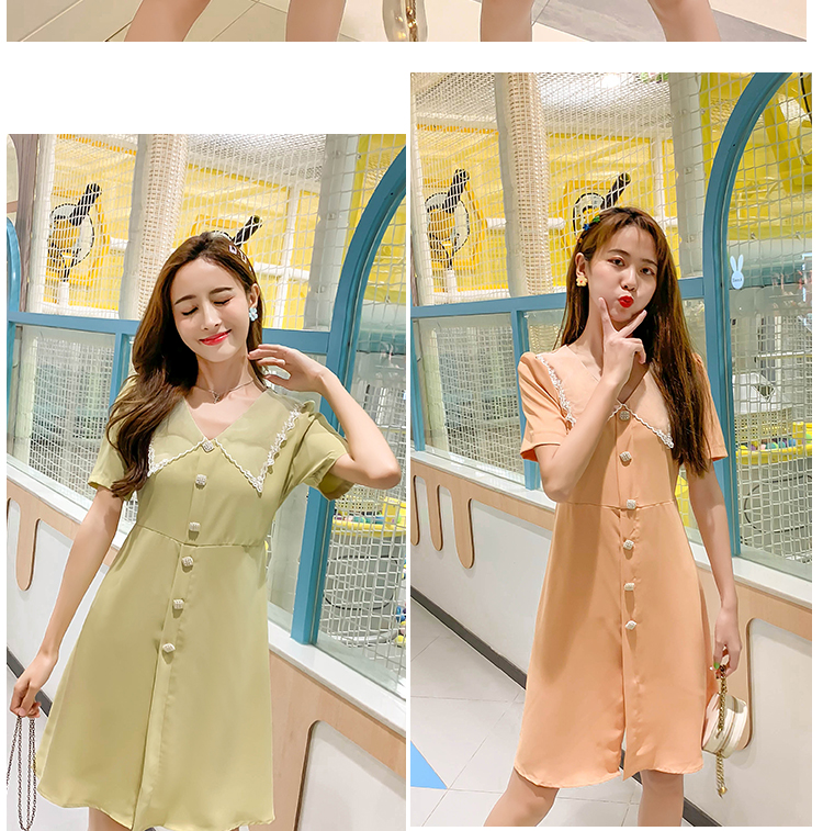 VK旗艦店 韓國風單排釦娃娃領收腰顯瘦短袖洋裝