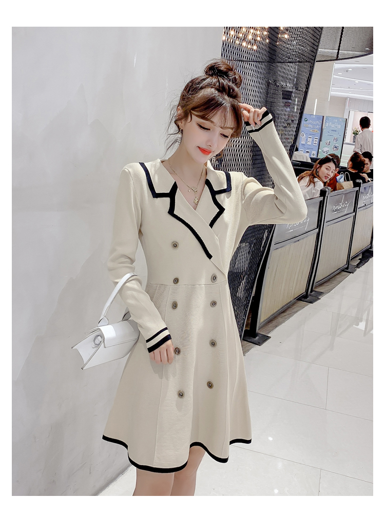 VK旗艦店 韓系POLO領雙排扣撞色高腰針織長袖洋裝