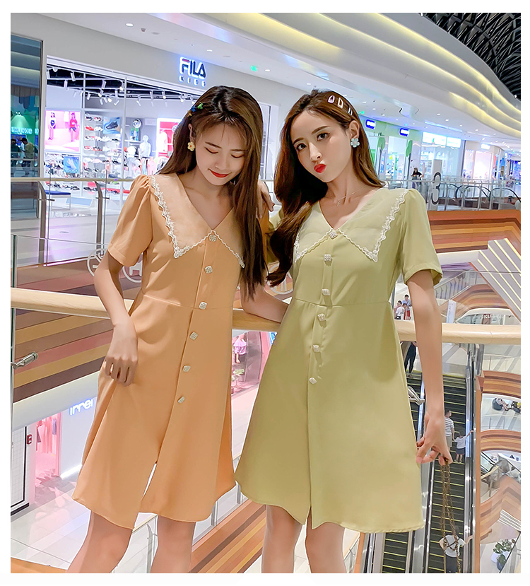 VK旗艦店 韓國風單排釦娃娃領收腰顯瘦短袖洋裝