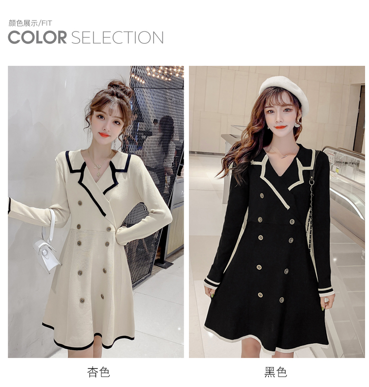 VK旗艦店 韓系POLO領雙排扣撞色高腰針織長袖洋裝