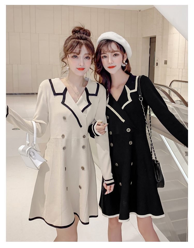 VK旗艦店 韓系POLO領雙排扣撞色高腰針織長袖洋裝