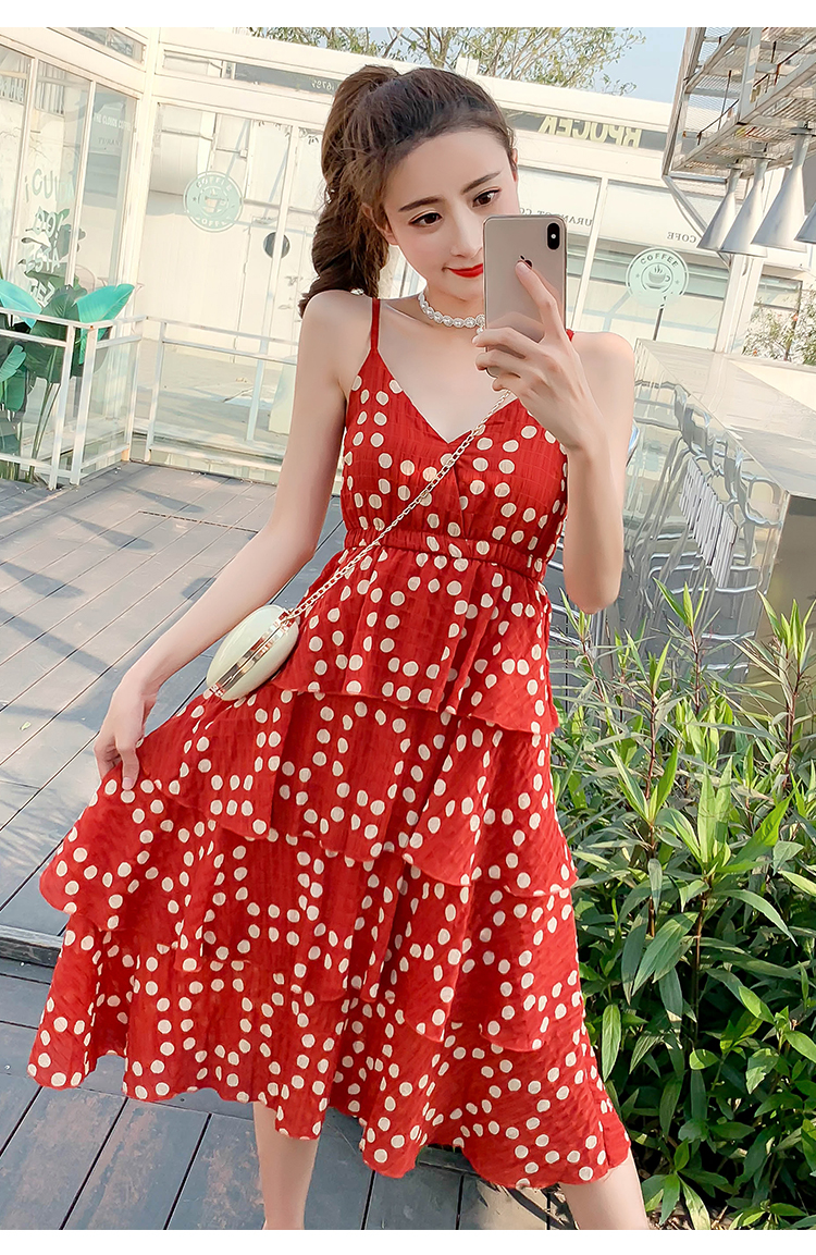 DABI 韓國風名媛細肩帶波點蛋糕v領時尚無袖洋裝 DABI 韓國風名媛細肩帶波點蛋糕v領時尚無袖洋裝