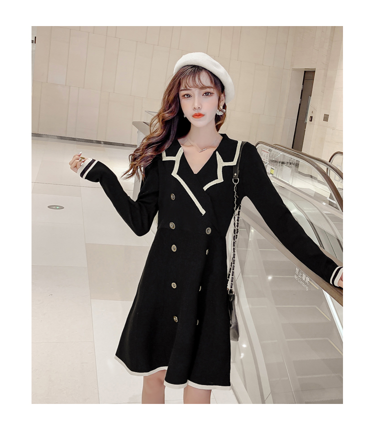 VK旗艦店 韓系POLO領雙排扣撞色高腰針織長袖洋裝