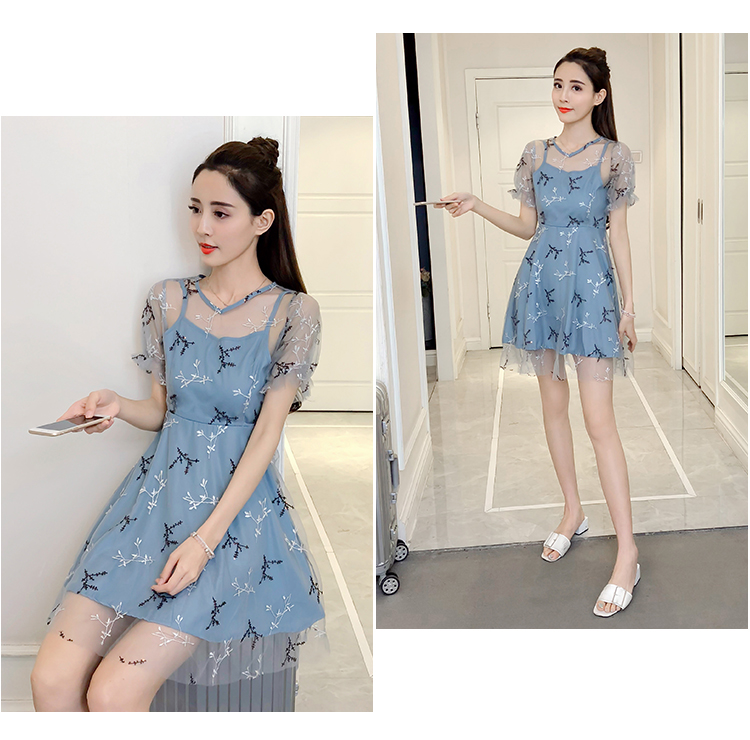 VK旗艦店 韓國風超仙甜美初戀溫柔仙女長裙網紗拼接短袖洋裝