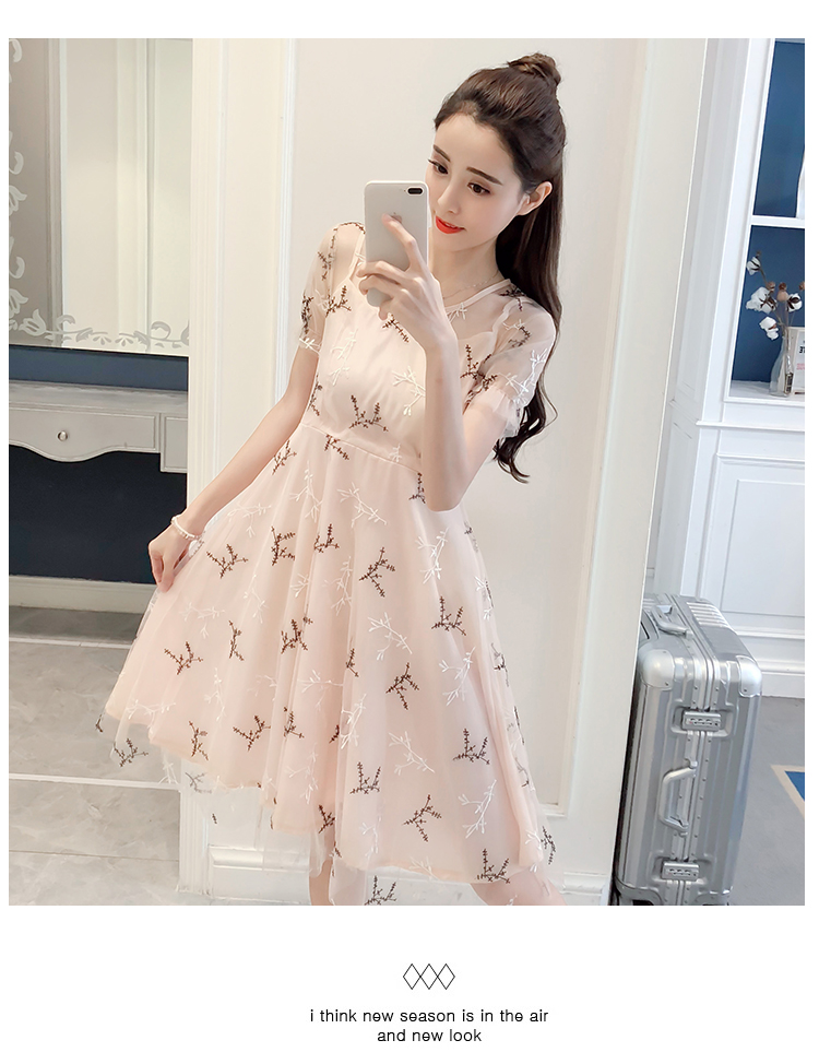 VK旗艦店 韓國風超仙甜美初戀溫柔仙女長裙網紗拼接短袖洋裝