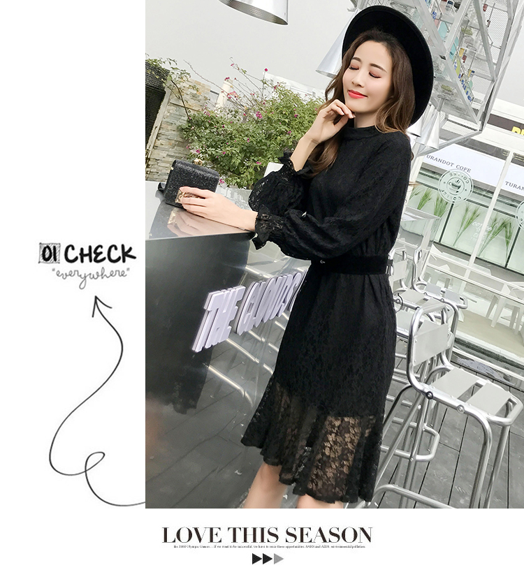 DABI 韓國風名媛優雅蕾絲配腰帶長袖洋裝