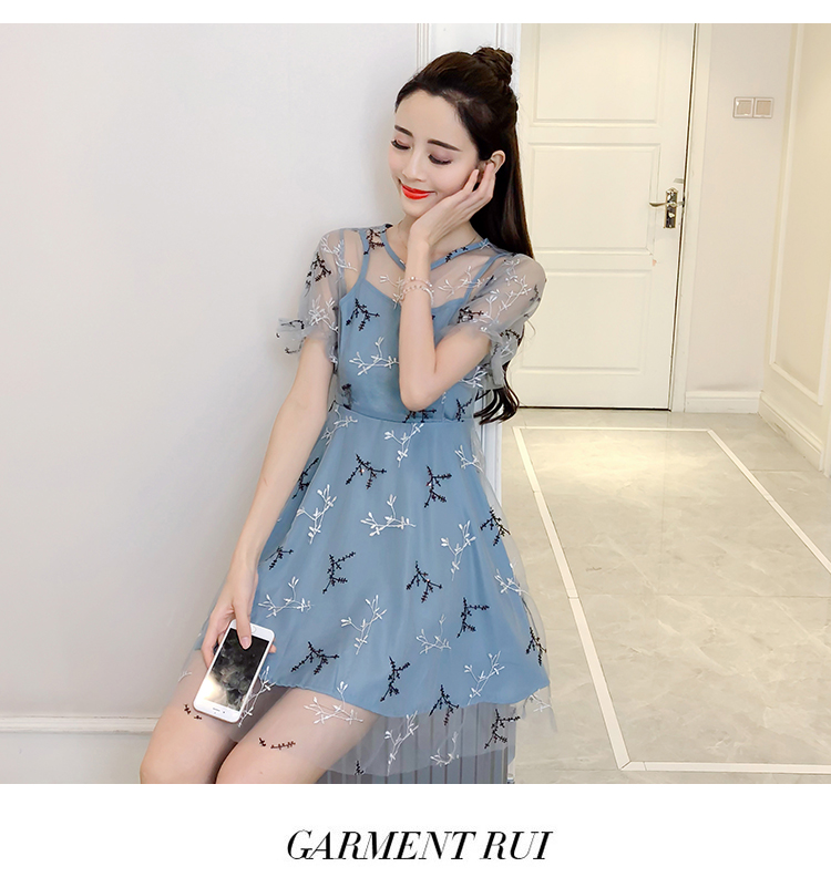 VK旗艦店 韓國風超仙甜美初戀溫柔仙女長裙網紗拼接短袖洋裝