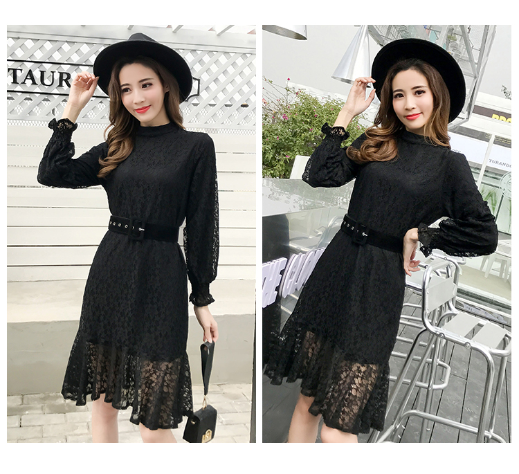 DABI 韓國風名媛優雅蕾絲配腰帶長袖洋裝