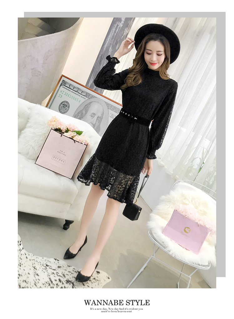 DABI 韓國風名媛優雅蕾絲配腰帶長袖洋裝