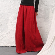 Flower brocade-Chinese National style original autumn and winter double layer thickened Zen suit tea suit drawstring pants Zen dance cotton and hemp wide leg pants