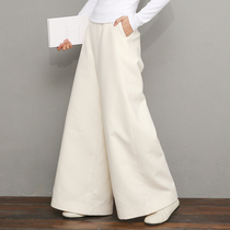 Lower dress-Chinese retro literary wild autumn and winter new tea suit Zen suit thickened double layer wool wool wide leg pants