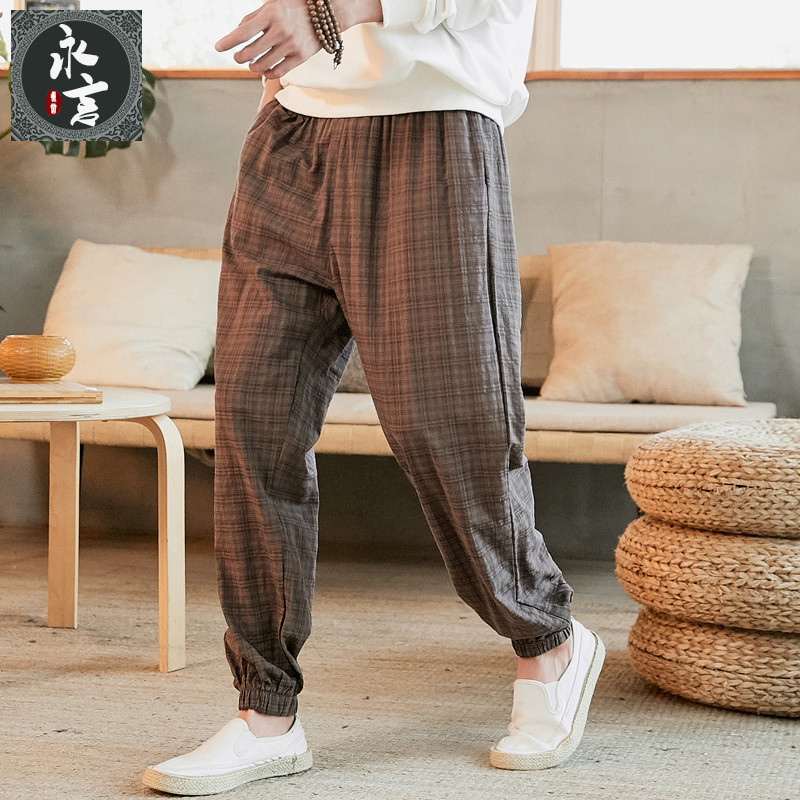 Spring men's cotton and hemp Harlan pants Chinese style lantern beam pants Large size youth casual plaid long pants Men's clothing