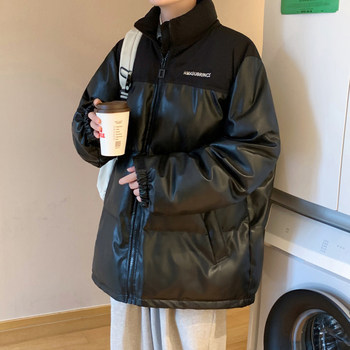 Pu Leather Cotton Jacket for Men 2025 Winter New Style down Cotton Coat Stylish Puffer Jacket Hong Kong Style Thick Loose Cotton Coat