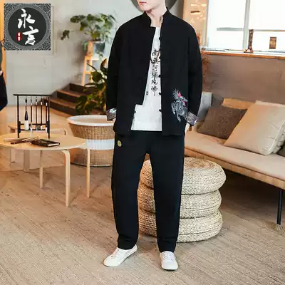 Spring new Chinese style Tang suit linen jacket suit men's national style cotton and linen embroidered Hanfu men's two-piece suit