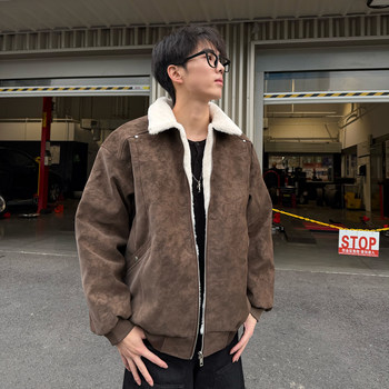 Men's Winter Cotton Jacket with Faux Rabbit Fur, Matte Pu Leather, Fleece-Lined, Thickened, American Retro Style, Warm Coat