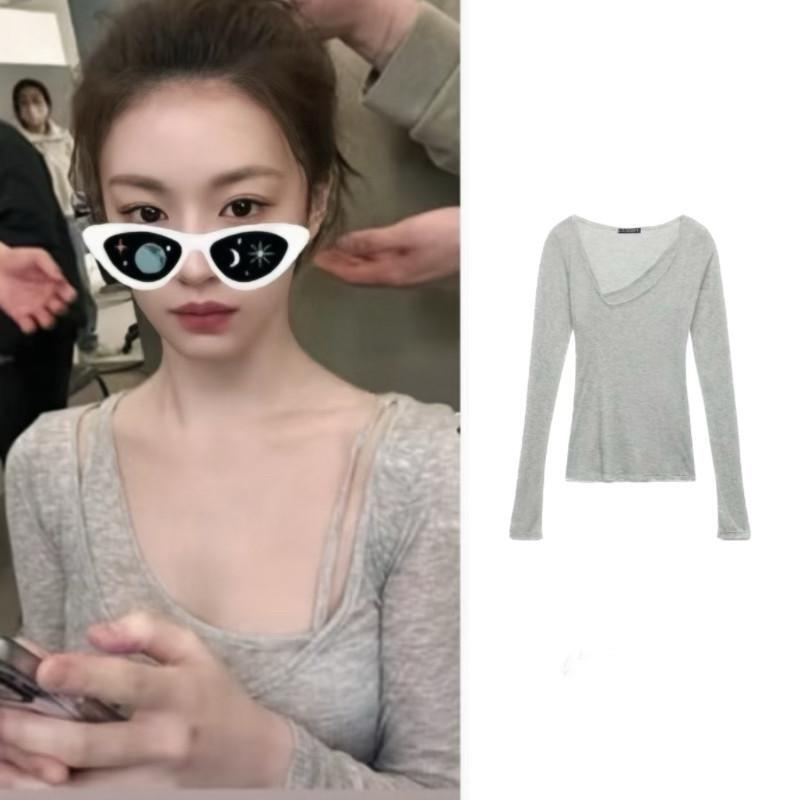 Gray Long-Sleeve T-Shirt for Women, Same Style as Go Yoon-Jung, 2025 New Design, Niche Slim-Fit Flattering Base Shirt Top