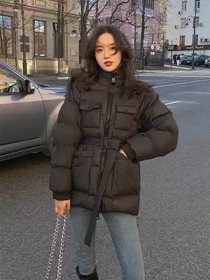 Waist-closing down cotton clothes women's medium and long version 2021 tooling belt small hooded thickened thin cotton coat jacket winter