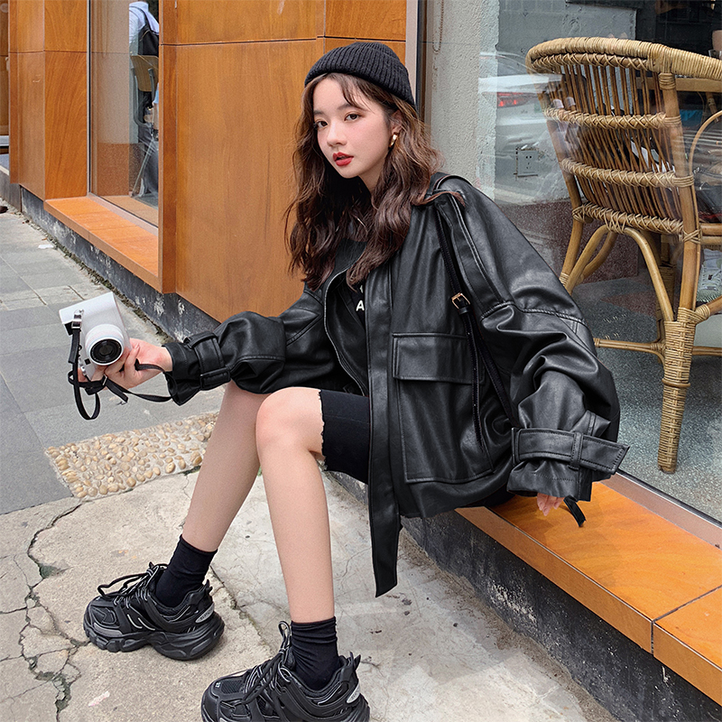 Cape leather jacket female short section 22 spring and autumn new Korean version loose casual motorcycle clothing PU leather small jacket jacket