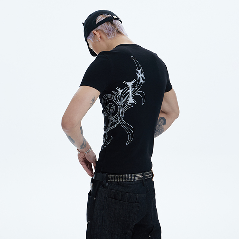 Dnd4Des American Street Hip-Hop Honeysuckle Pattern Cross Print Slim Fit Stretch Short-Sleeve Crew Neck Ribbed T-Shirt Dnd4Des American Street Hip-Hop Honeysuckle Pattern Cross Print Slim Fit Stretch Short-Sleeve Crew Neck Ribbed T-Shirt