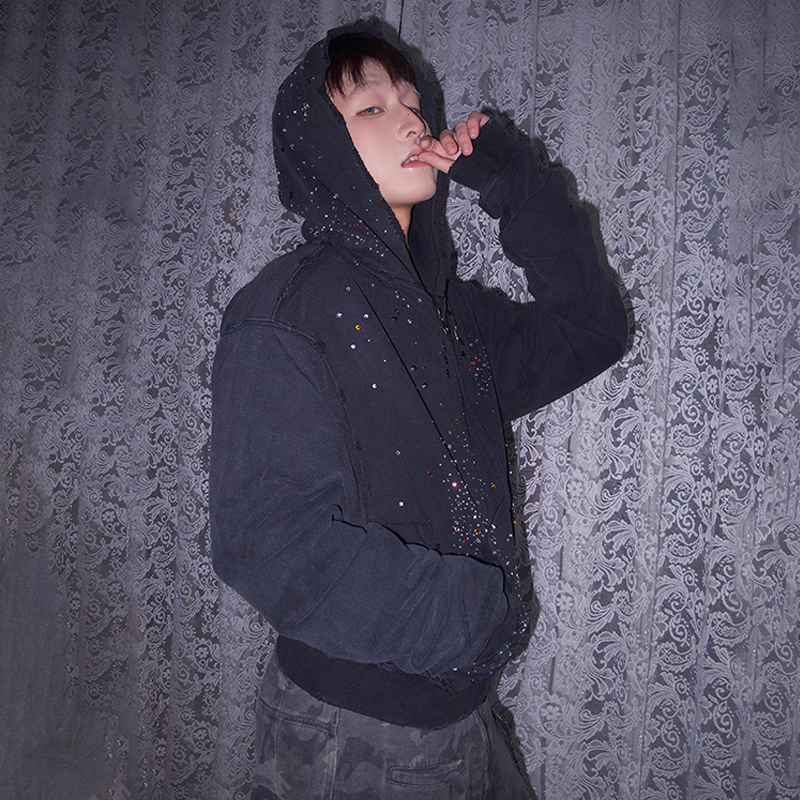 Dnd4Des Meng Ziyi Same Style Original Design Starry Rhinestone Washed Distressed Zipper Hoodie Jacket