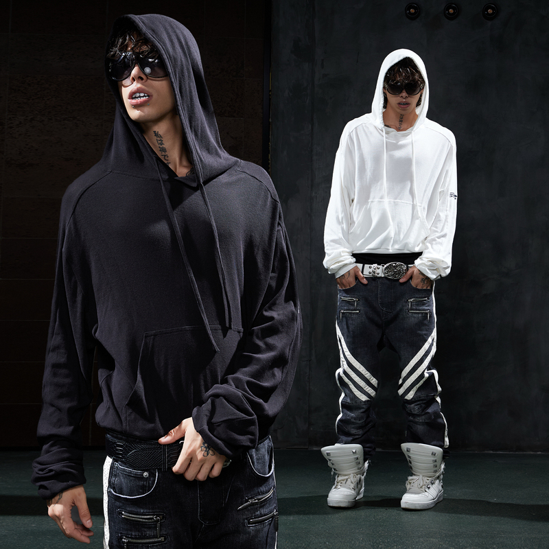Dnd4Des American Street Style Thin Hooded Sweatshirt, Loose Drop Shoulder, Drapey Feel, Men's Solid Color High Street Hoodie