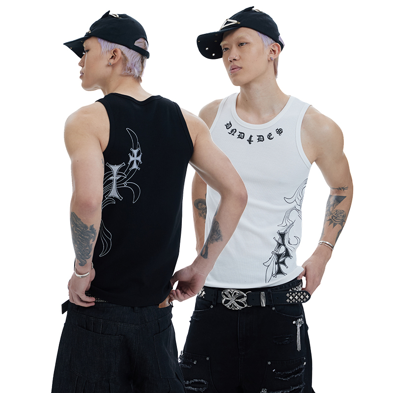 Dnd4Des American Street Hip-Hop Tight-Fitting Elastic Base Layer with Honeysuckle Pattern and Cross Print Ribbed Tank Top in Multiple Colors