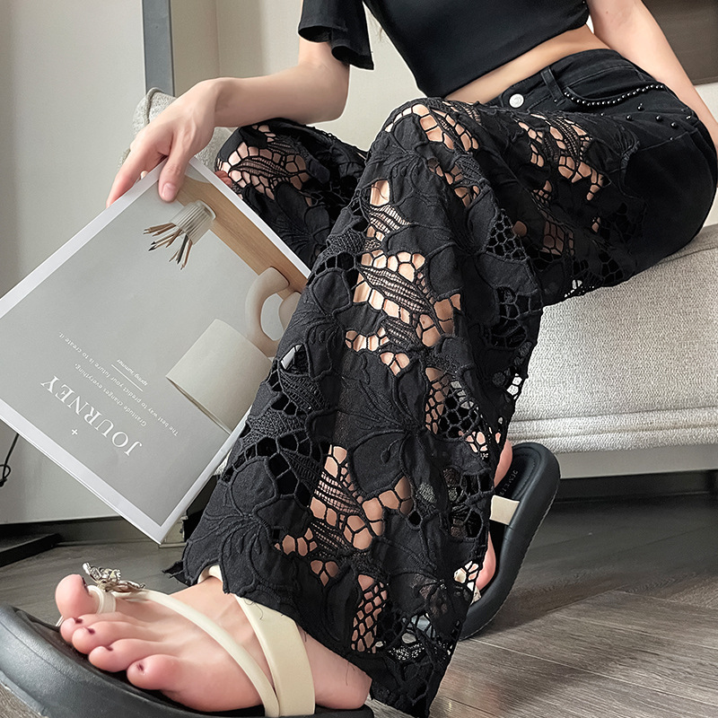 Black Lace Hollow-Out Wide-Leg Jeans for Women, 2025 New Summer Thin Loose Beaded Slimming Straight-Leg Pants