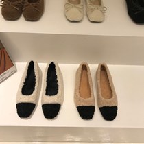 ITSK hairy shoe woman winter outwear plus velvet square head low heel with a foot pedal bean-bean shoes