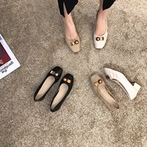 ITSK Shoes Womens Single Shoe Square Head Light Mouth Coarse Heel Style Soft Leather Grandma Shoes Black Women Shoes