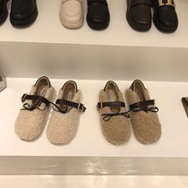 ITSK Hairy Shoes Womens Winter Outwear Flat Bottom Plus Suede Cotton Shoes One foot Bean Bean Shoes