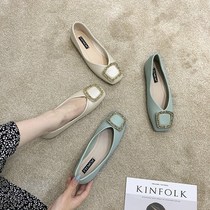 ITSK shoes womens single shoe style soft bottom square head flat bottom metal square button shallow mouth temperament ladyshoe