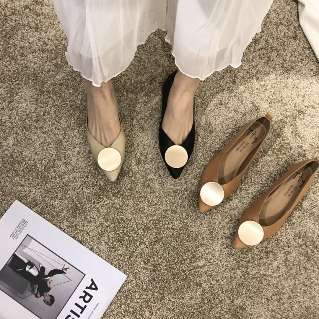 ITSK single shoe woman shallow mouth pointed square buckle black soft leather soft bottom female shoes bean-bean shoes