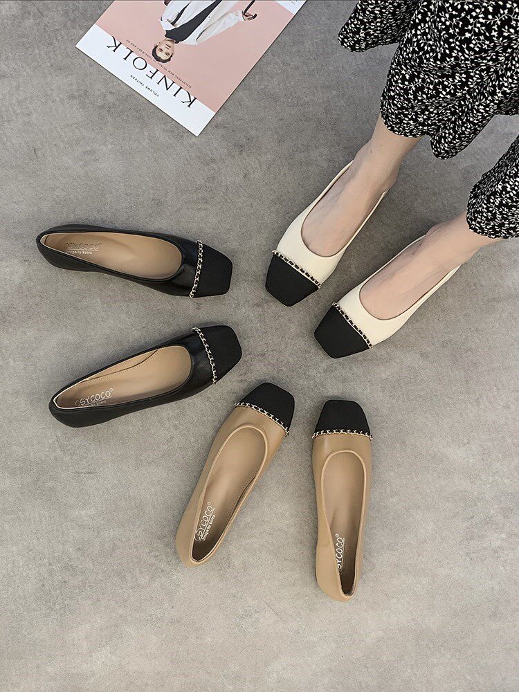 ITSK shoes women's single shoes small fragrance metal chain soft bottom flat bottom square head shallow mouth commuter women's shoes