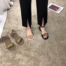 ITSK Shoes Children Sandals Style Metal Chain Flat Bottom Black Soft Bottom Beach Shoes Roman Shoes