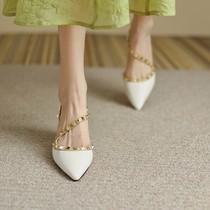 Sue White Balloon □ I T S K Sandal Womens Style Genuine Leather Pointed Rivet Baotou Rear Blank Coarse Heel High Heel Shoes