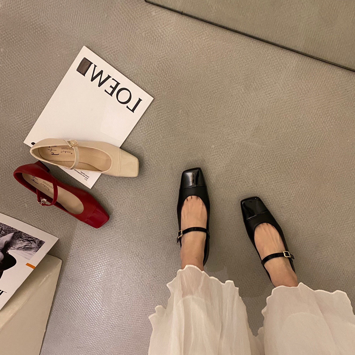 ITSK shoes women's single shoe style square head heel with shallow mouth heel with Mary Jane women's shoes