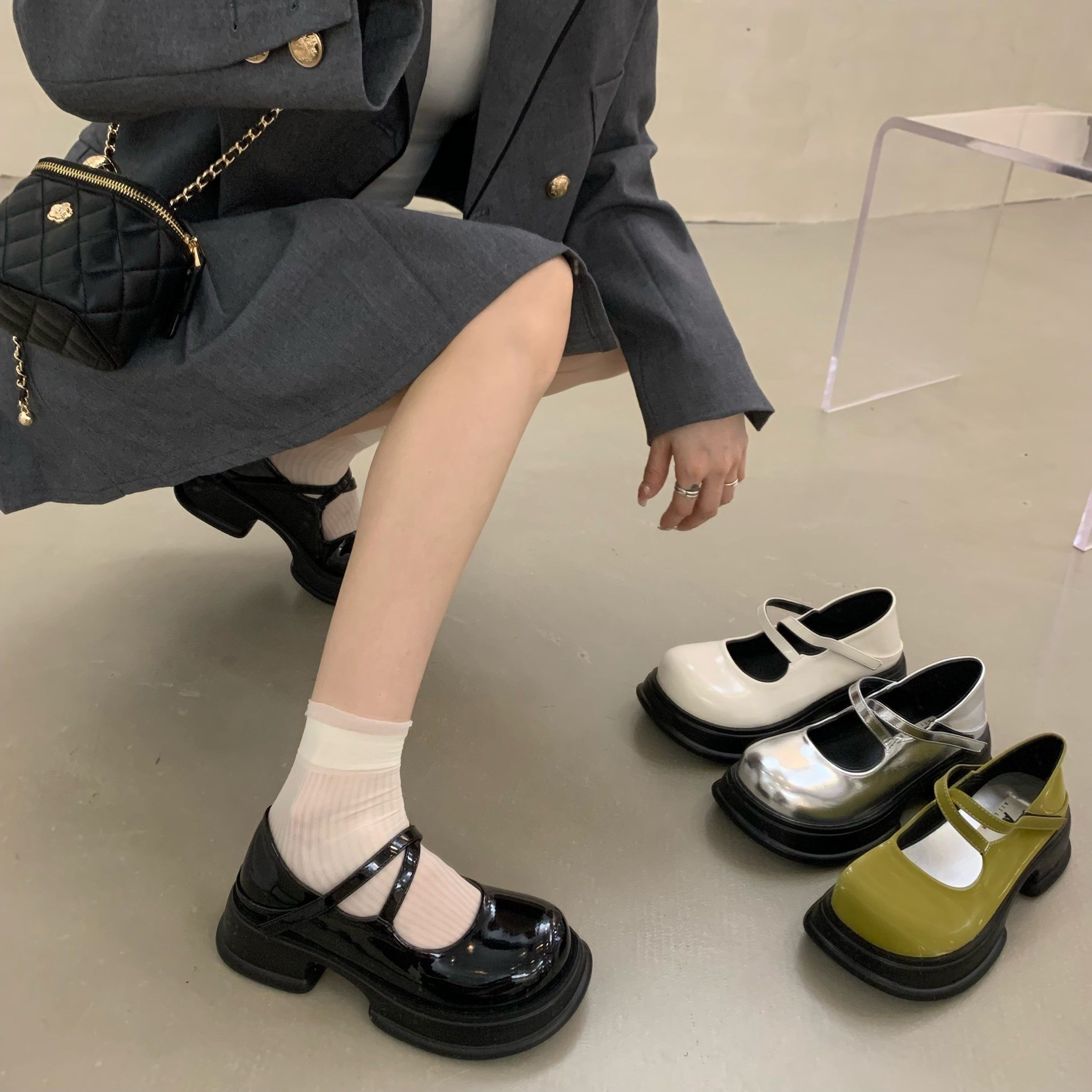 ITSK Mary Jane shoes women's French platform platform mid-heel evening dress small leather shoes shoes