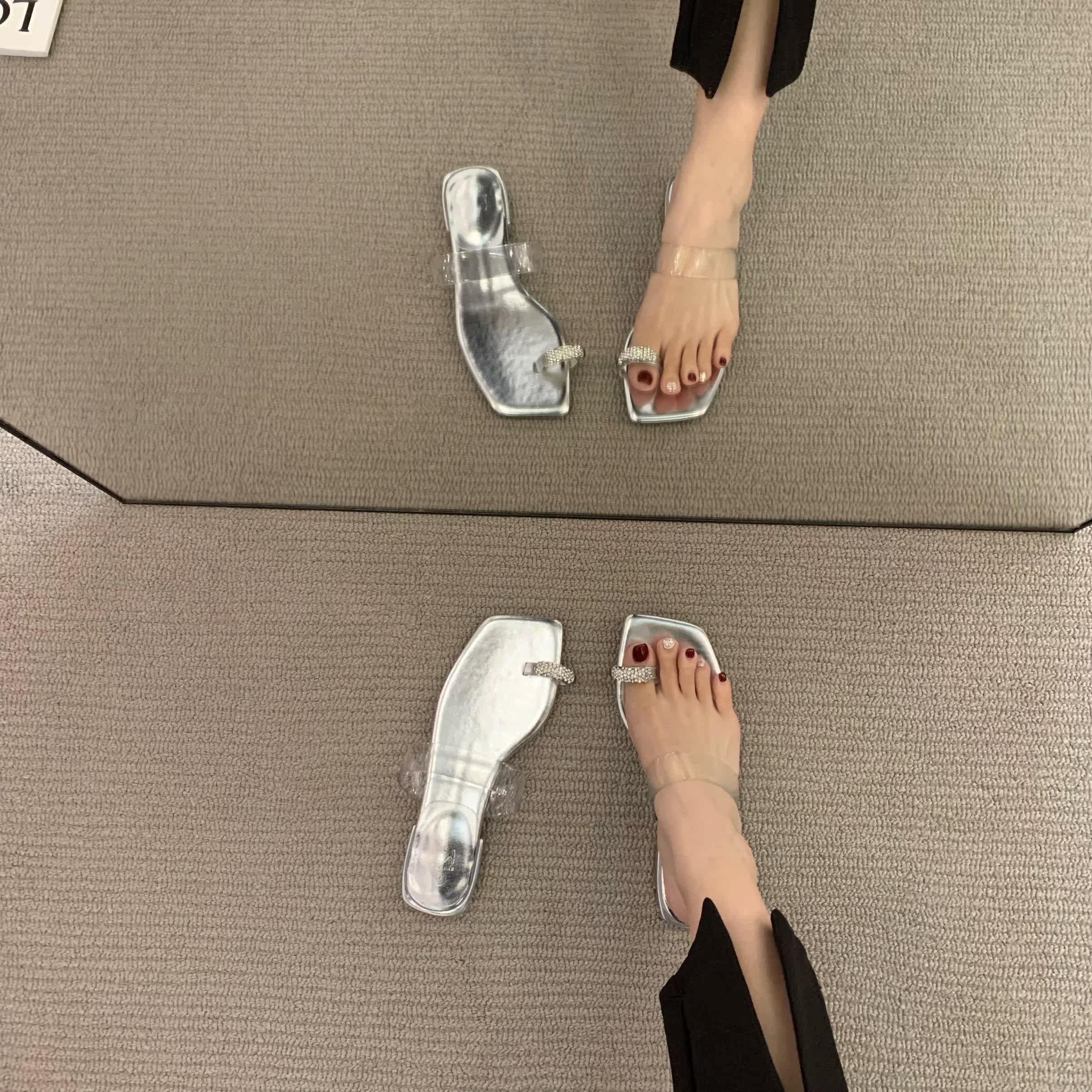 ITSK sandals women's summer outer wear French flat bottom rhinestone set toe soft bottom transparent strap sandals