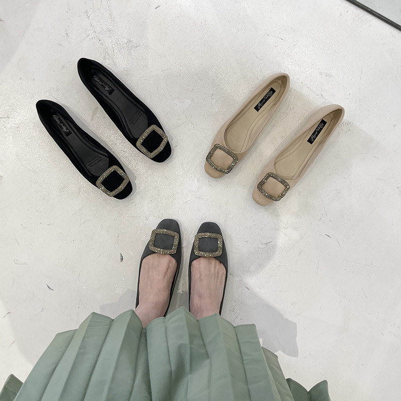 ITSK shoes women's singles shoes square toe shallow flat bottom rhinestone soft soled beanie shoes driving women's shoes