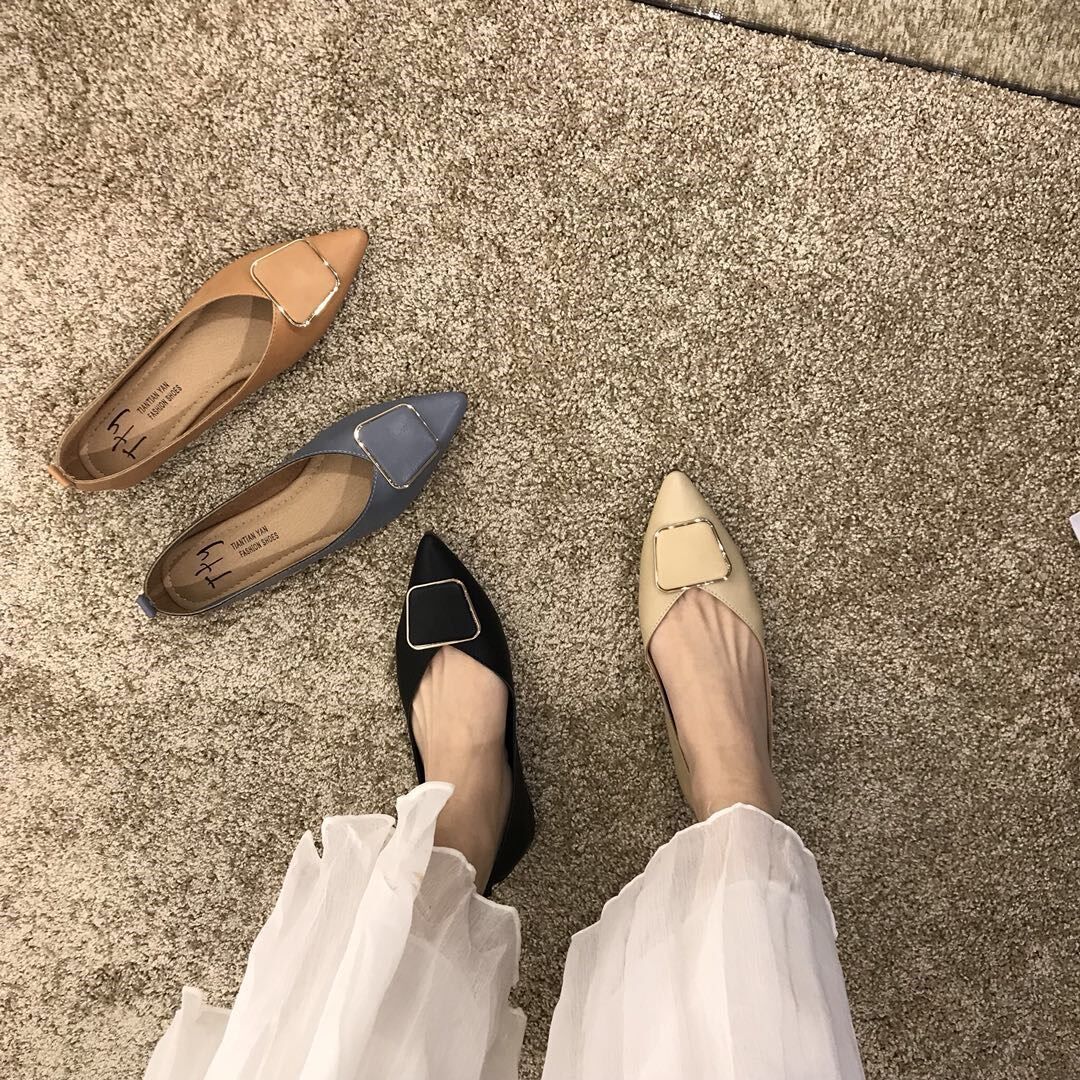 ITSK shoes women's singles shoes French vintage pointed toe flat soft sole black beanie shoes scoop shoes