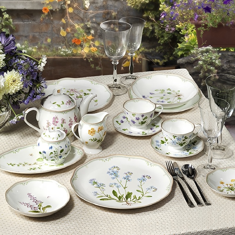 Korean Imported Zen Bone China Tableware, Pastoral Floral Bowls and Plates Set, Suitable for Both Western and Korean Cuisine, Ideal for Home Use, Housewarming, or as a Gift